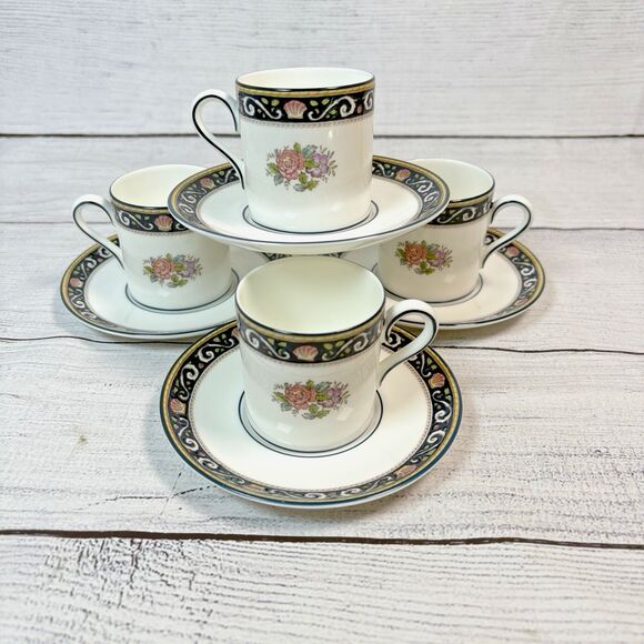 Wedgwood Runnymede Set of 4 Demitasse Cups & Saucers Dark Blue W4472 Espresso - Picture 1 of 6